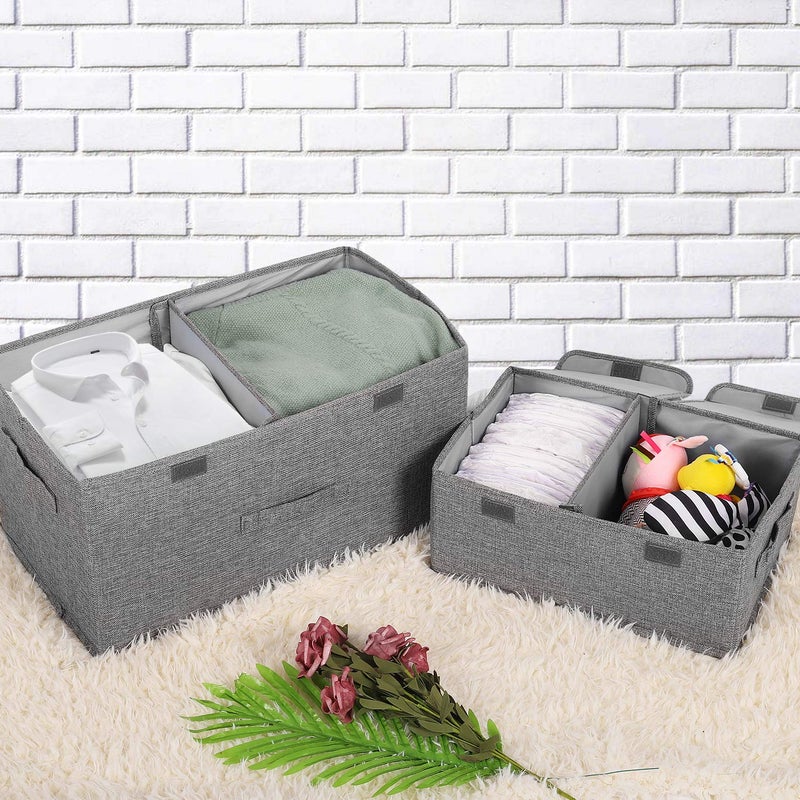 Valease 2 Pack Storage Boxes with Lids and Handles, Collapsible Linen Storage Bins Organizer Containers Baskets Cube with Removable Divider for Home Bedroom Closet Office (Grey, Small) - Image 4